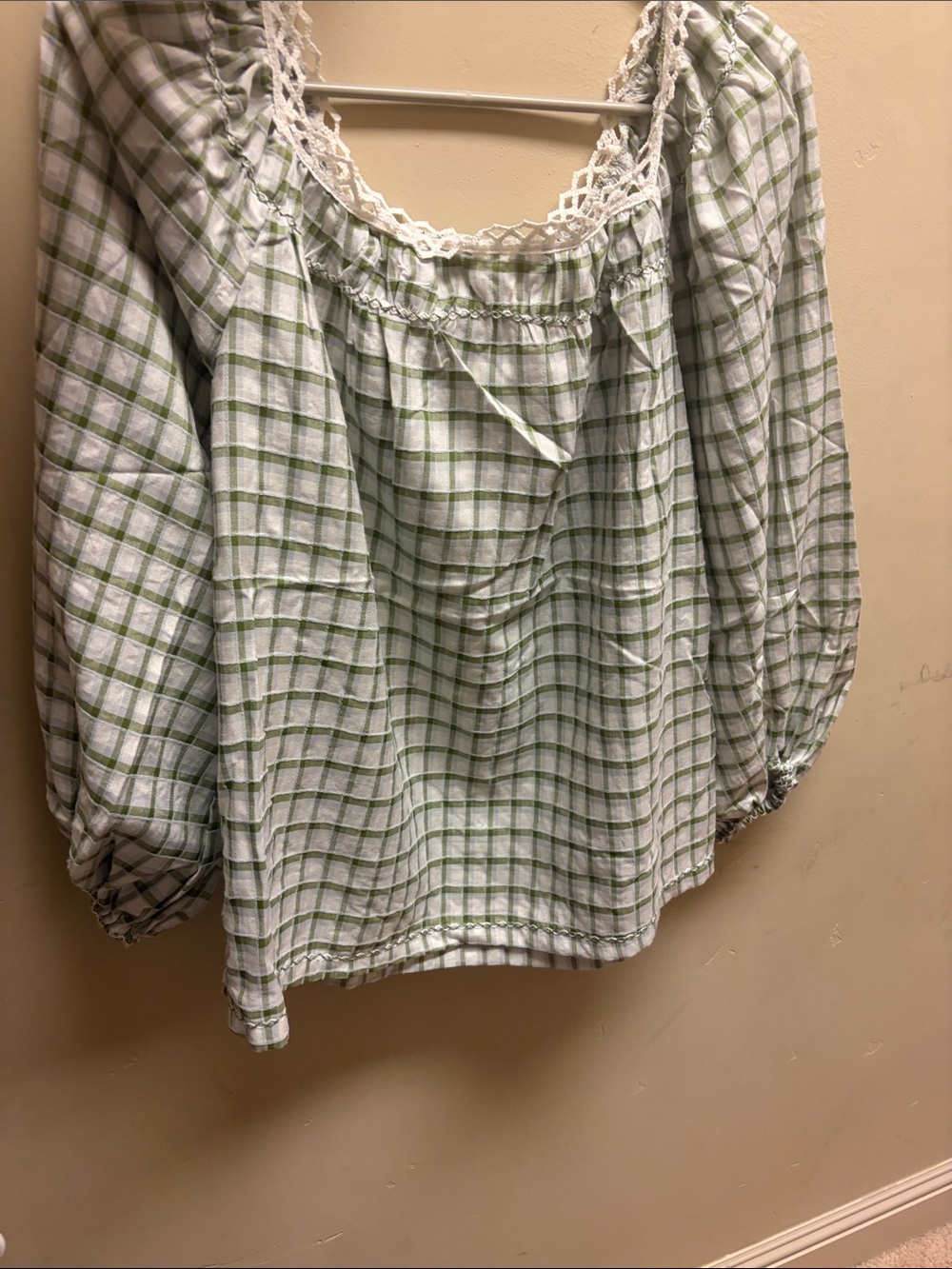 Max Studio White and Light Green Plaid Peasant Blouse with Lace Trim
